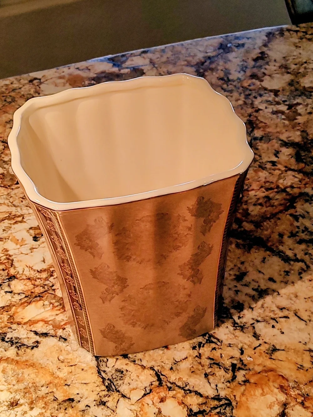 Croscill Brown, Cream and Gold Ceramic Wastebasket with Damask Trim